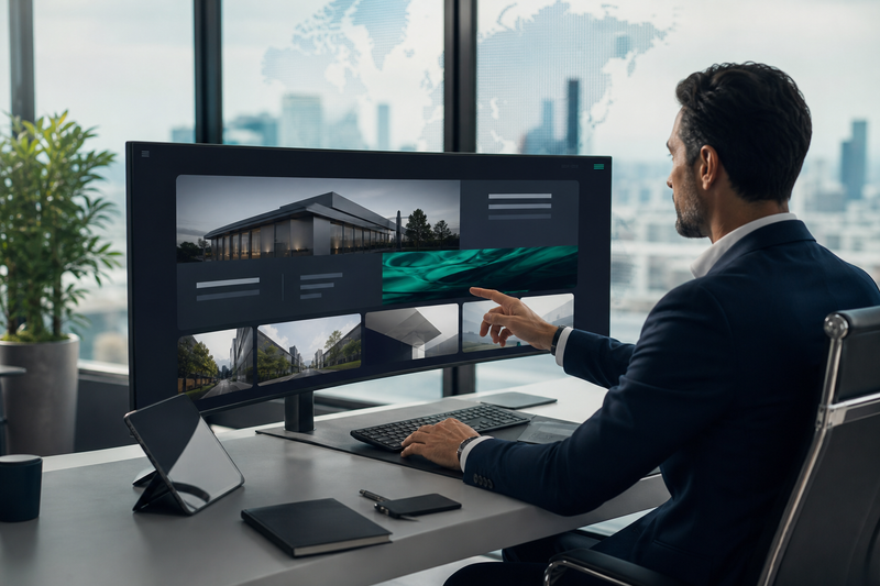Seorang profesional fokus di depan monitor lebar menampilkan website modern, dengan pemandangan kota global di latar belakang. Mencerminkan bisnis ekspor yang terhubung.