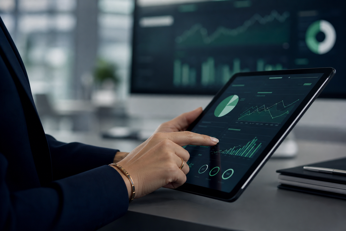 Tangan seorang profesional menyentuh layar tablet yang menampilkan dasbor analitik website properti. Latar belakang kantor modern yang elegan dan fokus pada detail.