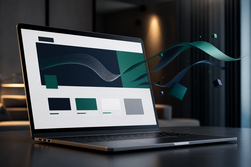 Close-up layar laptop menampilkan UI website bersih dan profesional, dihiasi elemen grafis abstrak hijau zamrud dan biru navy, melambangkan strategi branding.