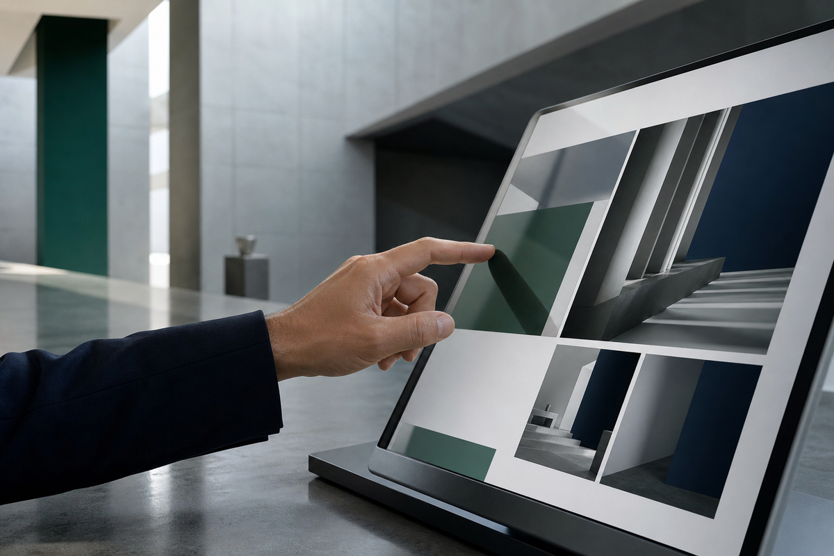 Tangan profesional menyentuh tablet menampilkan UI website, dengan arsitektur modern minimalis di latar belakang, melambangkan fondasi identitas merek yang kuat.