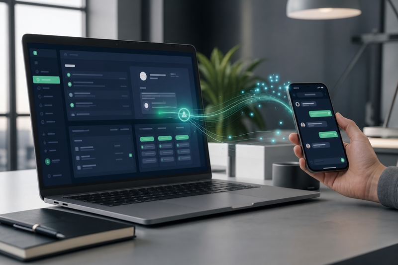 Meja kerja modern dengan laptop menampilkan UI dashboard, smartphone dengan live chat, dan garis cahaya digital yang saling terhubung, melambangkan integrasi tools bisnis.