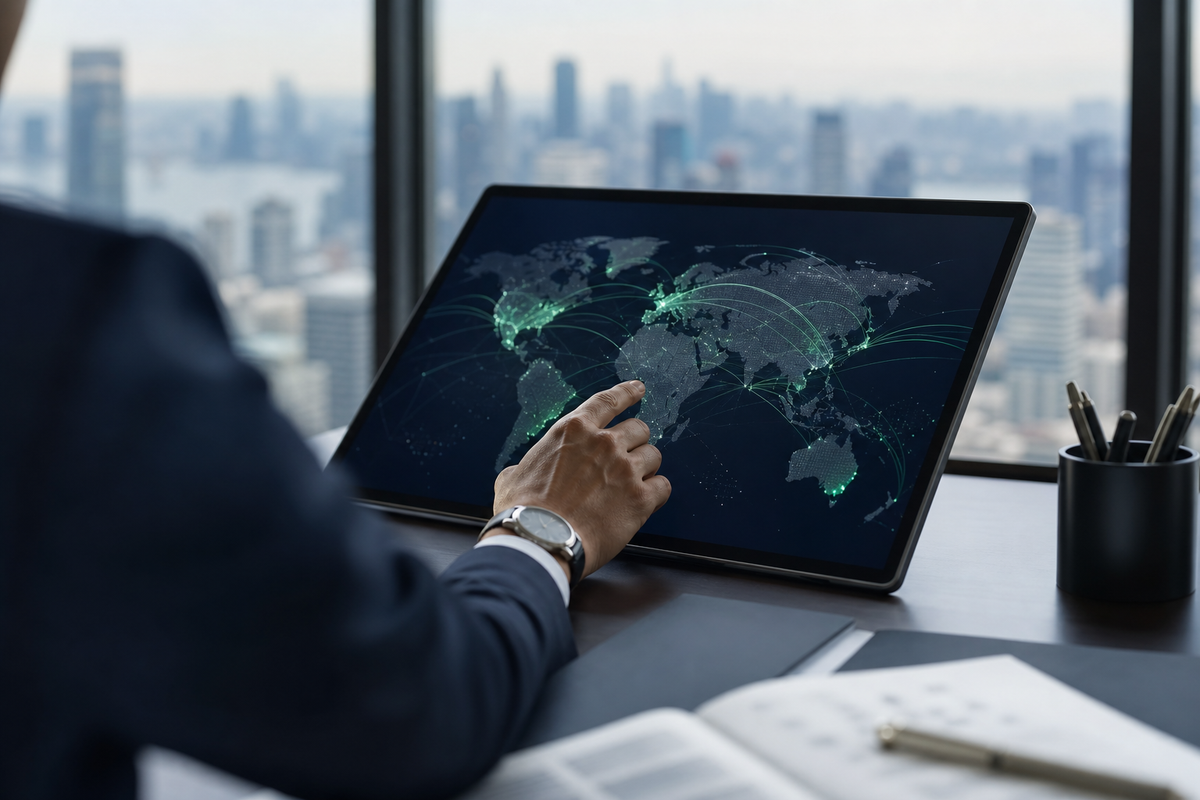 Tangan profesional menyentuh layar tablet yang menampilkan peta dunia digital abstrak, merepresentasikan konektivitas global dan strategi lokalisasi konten.
