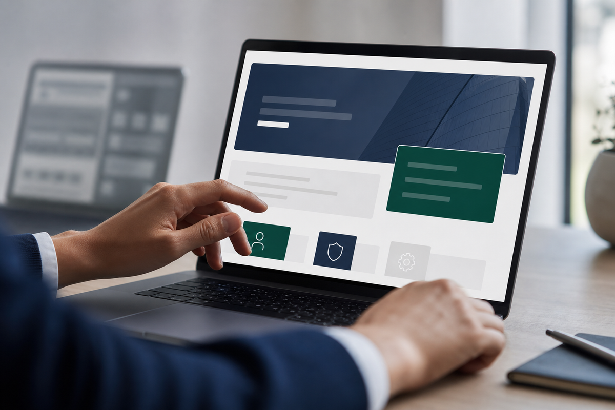 Tangan profesional sedang mengoperasikan laptop dengan tampilan UI website modern, berlatar belakang meja kantor minimalis. Visual ini menggambarkan peremajaan dan profesionalisme.