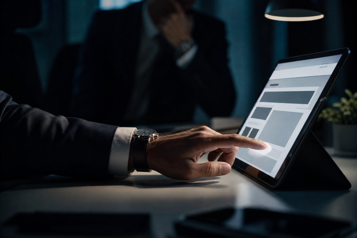 Tangan profesional menyentuh layar tablet yang menampilkan website usang, dengan siluet frustrasi di latar belakang, menggambarkan kerugian bisnis.