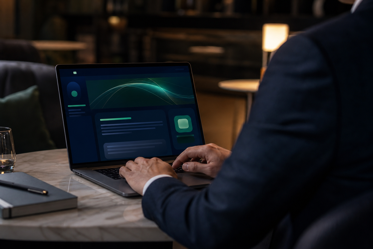 Gambar fotorealistik orang dewasa fokus pada laptop di lounge premium, layarnya memancarkan cahaya personalisasi konten dinamis dengan warna navy dan hijau.