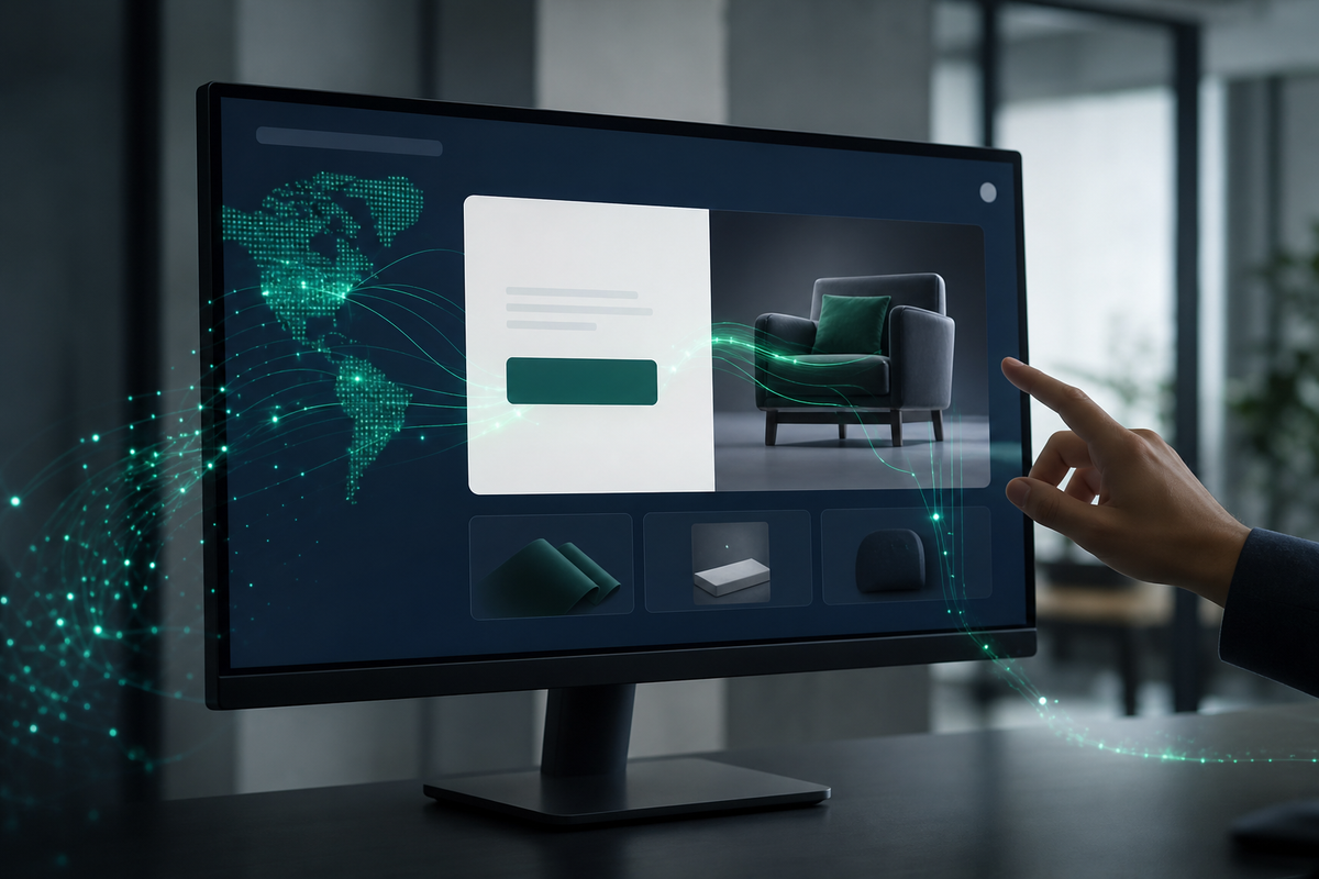 Layar monitor menampilkan UI website generik dengan aliran data hijau dan biru tua yang secara dinamis mengubah konten, merepresentasikan personalisasi cerdas.