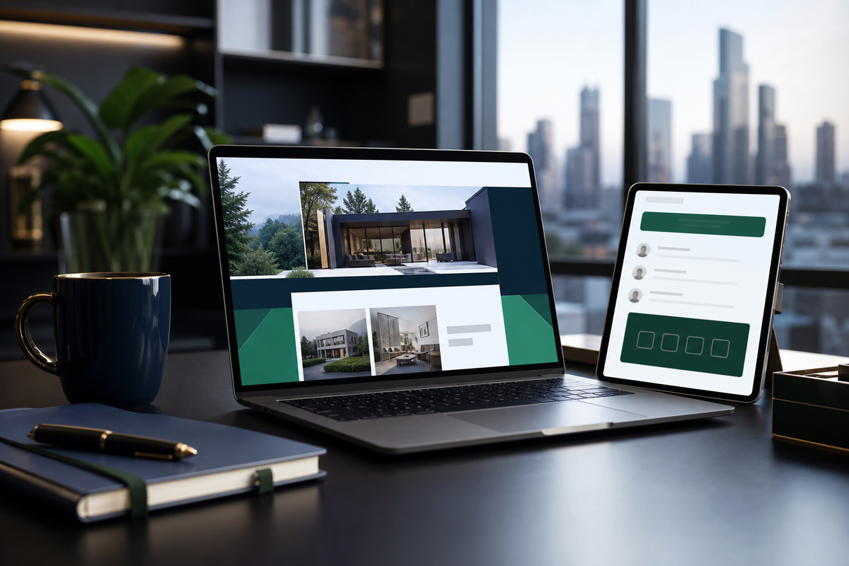 Meja kantor modern dengan laptop menampilkan landing page properti, di sampingnya tablet menunjukkan testimoni dan penawaran terbatas, menyiratkan strategi konversi.