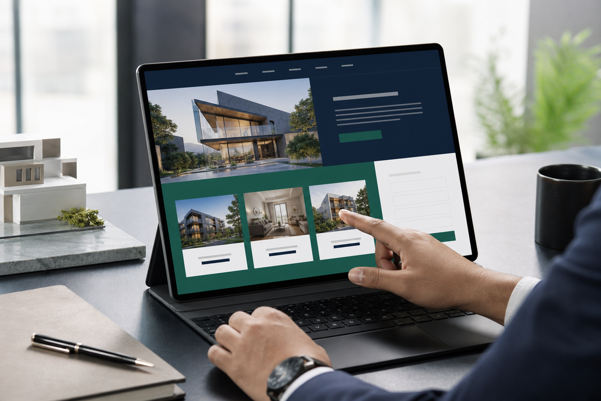 Tangan seorang profesional berinteraksi dengan laptop, menampilkan antarmuka landing page properti yang modern. Mencerminkan strategi optimasi digital.