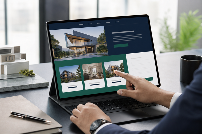 Tangan seorang profesional berinteraksi dengan laptop, menampilkan antarmuka landing page properti yang modern. Mencerminkan strategi optimasi digital.