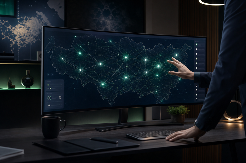 Tangan profesional di depan monitor besar dengan visualisasi peta abstrak, merepresentasikan strategi SEO multi-lokasi untuk properti.