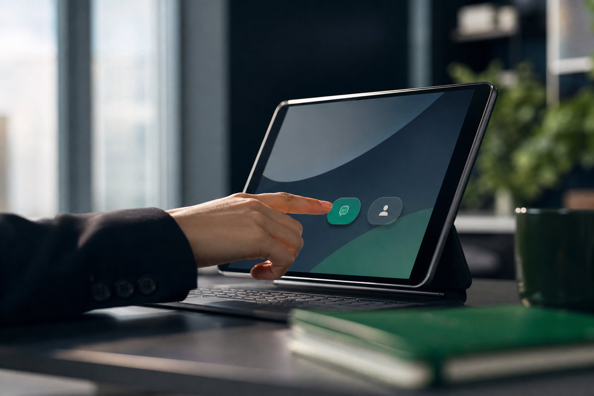 Tangan profesional mengarahkan jari ke tombol Call-to-Action (CTA) generik pada layar tablet di meja kantor modern, menyiratkan strategi konversi digital.