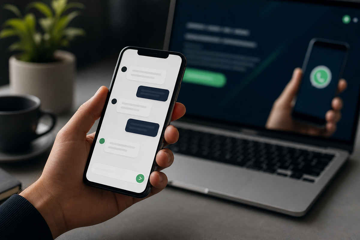 Close-up smartphone dengan antarmuka chat generik menampilkan tombol 'Mulai Chat', latar belakang website blur dengan CTA WhatsApp.