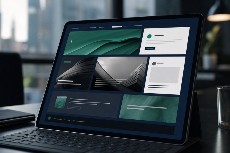 Visual canggih sebuah tablet menampilkan antarmuka website B2B dengan konten dinamis yang dipersonalisasi, dalam palet ZimenBiz.