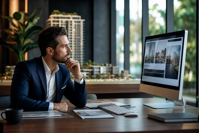 Seorang profesional pemasaran properti menganalisis data interaksi website di ruang kerja modern berlatar maket arsitektur.