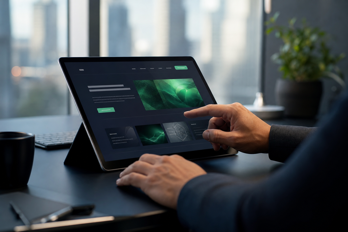 Tangan seorang profesional menyentuh layar tablet atau laptop yang menampilkan antarmuka website modern dan bersih di kantor minimalis.