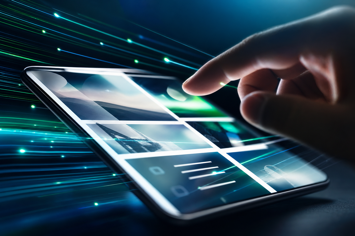 Layar tablet modern menunjukkan website yang memuat cepat dengan aliran data bercahaya biru-hijau, menyiratkan pengalaman pengguna yang mulus.