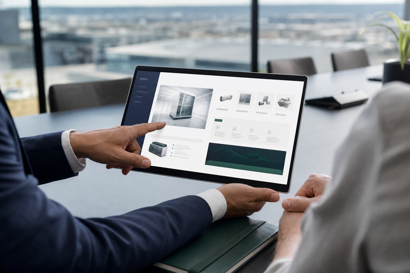 Dua tangan berinteraksi di tablet modern yang menampilkan antarmuka website B2B dengan detail produk, di meja konferensi canggih.