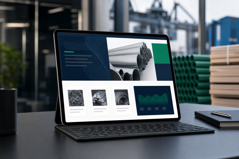 Tampilan layar tablet modern dengan UI website B2B generik yang bersih, diletakkan di atas meja minimalis di lingkungan industri yang profesional.