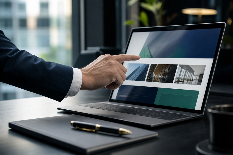 Tangan profesional menunjuk layar laptop yang menampilkan bagian studi kasus atau portofolio di website, mencerminkan kredibilitas dan keahlian.