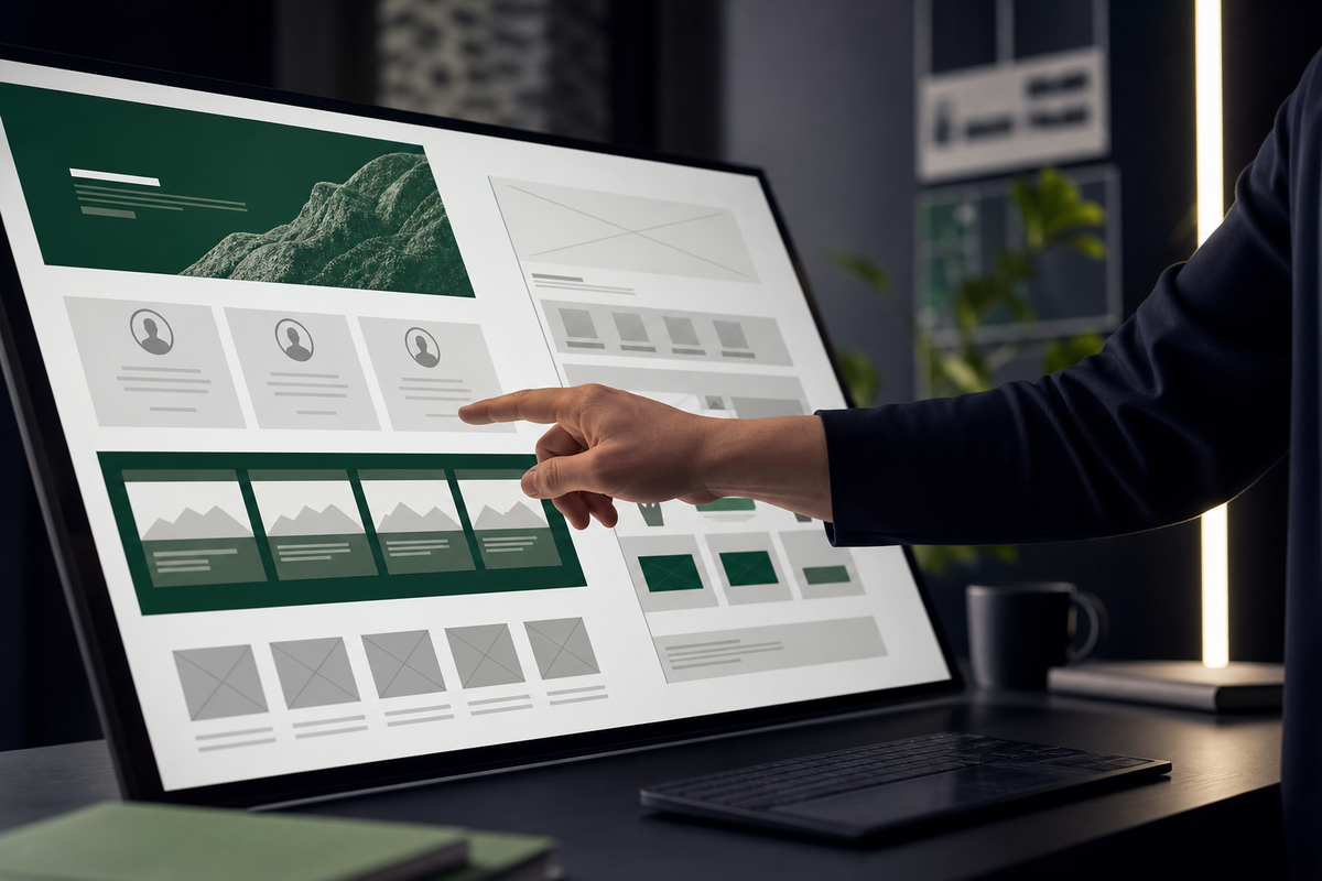 Tangan profesional menunjuk wireframe website di monitor lebar, menunjukkan penempatan strategis elemen konversi seperti testimoni dan studi kasus.