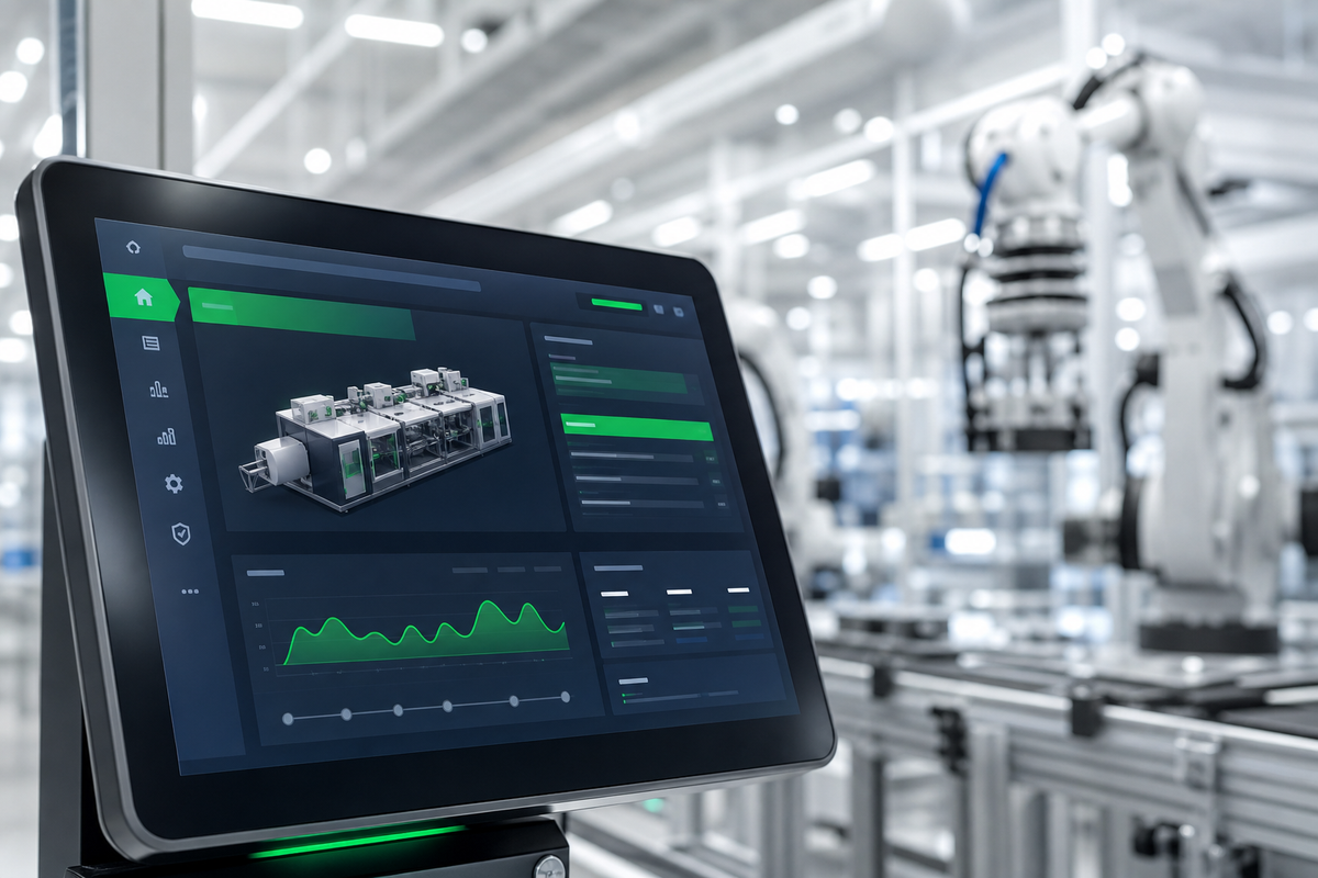 Layar tablet industri dengan antarmuka manajemen proses modern di latar depan, berpadu harmonis dengan lengan robot otomatis di lini produksi yang canggih.