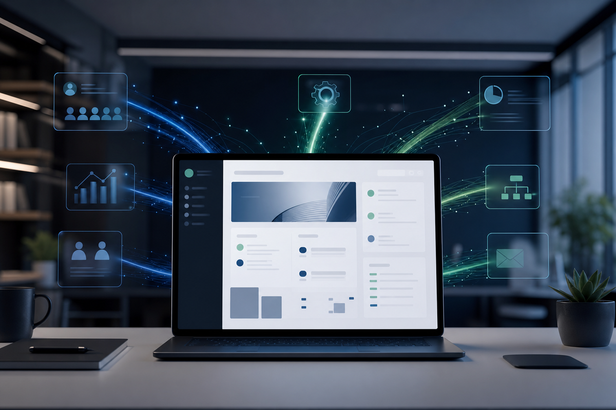 Layar laptop modern menampilkan antarmuka website bisnis, dikelilingi garis cahaya biru-hijau yang menghubungkan sistem digital seperti CRM dan ERP di latar belakang kantor minimalis.