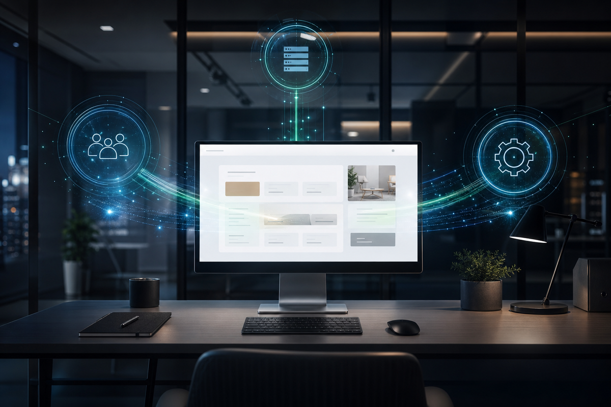Layar monitor menunjukkan website sebagai pusat integrasi, dihubungkan dengan aliran data bercahaya ke sistem CRM, ERP, dan marketing. Suasana kantor modern.