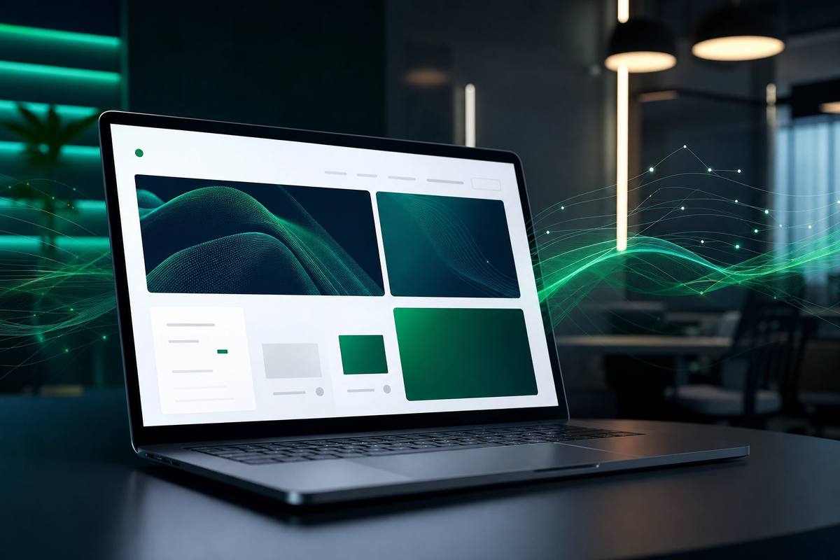 Close-up layar laptop modern menampilkan antarmuka website generik yang bersih, dikelilingi pola cahaya digital abstrak sebagai representasi infrastruktur adaptif, dalam setting kantor premium.