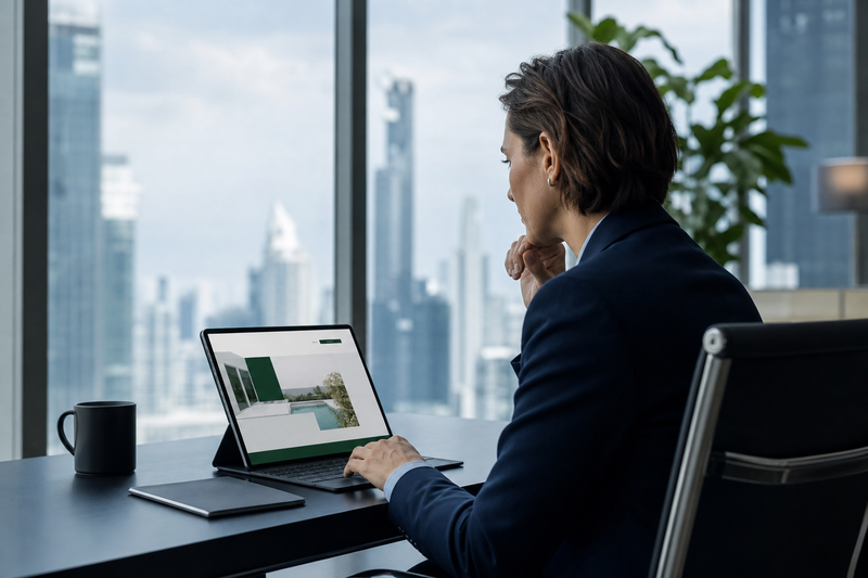 Seorang eksekutif bisnis sedang fokus menatap layar laptop di kantor modern dengan pemandangan kota, mencerminkan strategi digital.