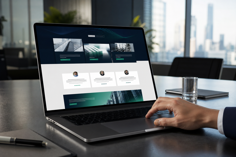 Tampilan dekat laptop modern dengan website konsultan B2B di layar, menunjukkan keahlian dan studi kasus dengan UI bersih bernuansa biru tua dan hijau zamrud di meja rapat yang elegan.