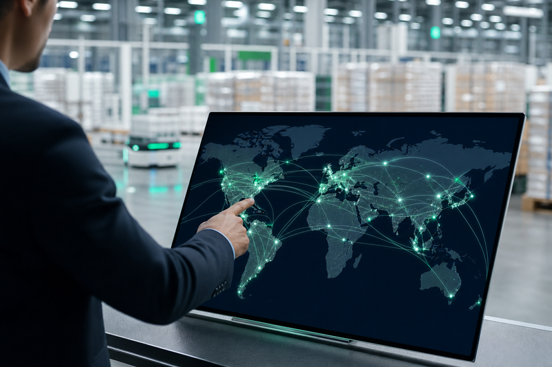 Tangan profesional menunjuk UI website peta global di layar tablet, dengan latar belakang gudang logistik modern yang rapi, menunjukkan kredibilitas ekspor.