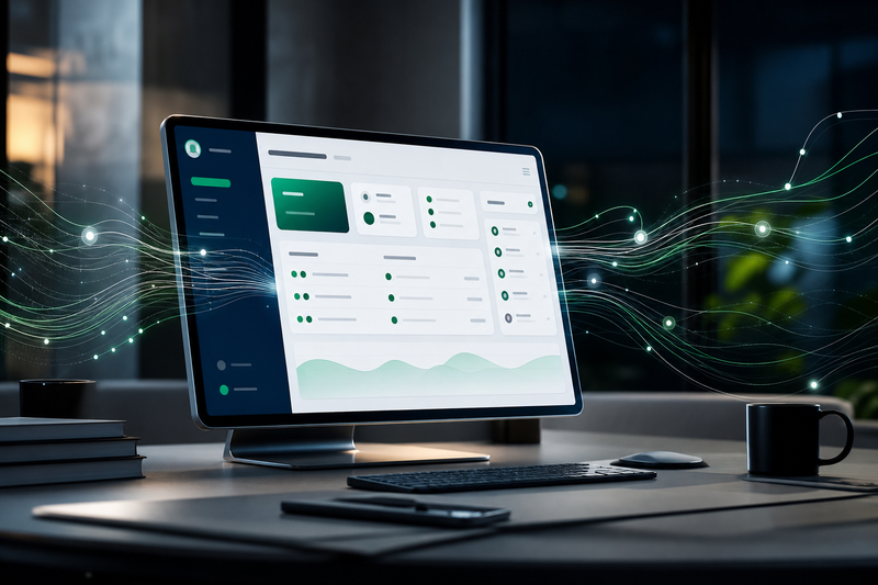 Tampilan monitor modern dengan website ZimenBiz generik sebagai pusat alur kerja sales digital, dihiasi grafis cahaya digital yang menghubungkan data dan proses.