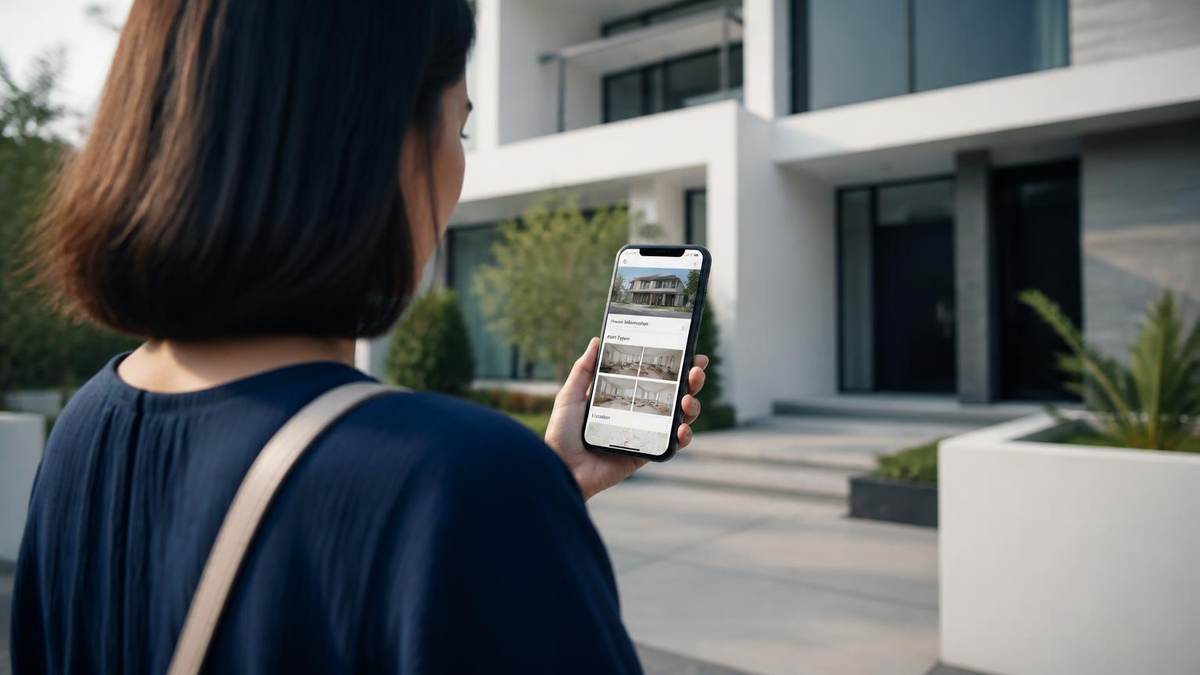 Calon pembeli melihat informasi proyek perumahan melalui website di smartphone