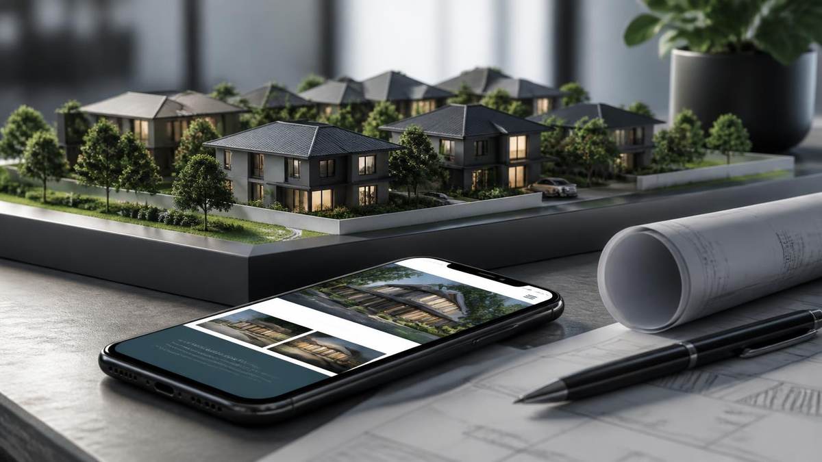 Maket kawasan perumahan dan halaman website proyek property pada smartphone