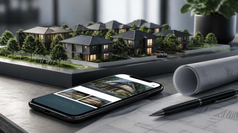 Maket kawasan perumahan dan halaman website proyek property pada smartphone